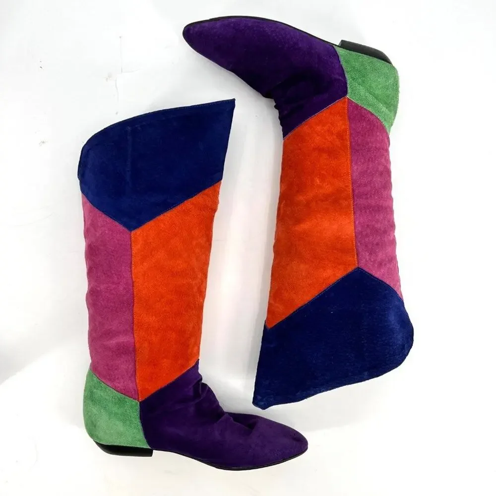 1980s Passports Over The Knee Suede Boots- Colorblock- Low Heel- Comfortable 7.5